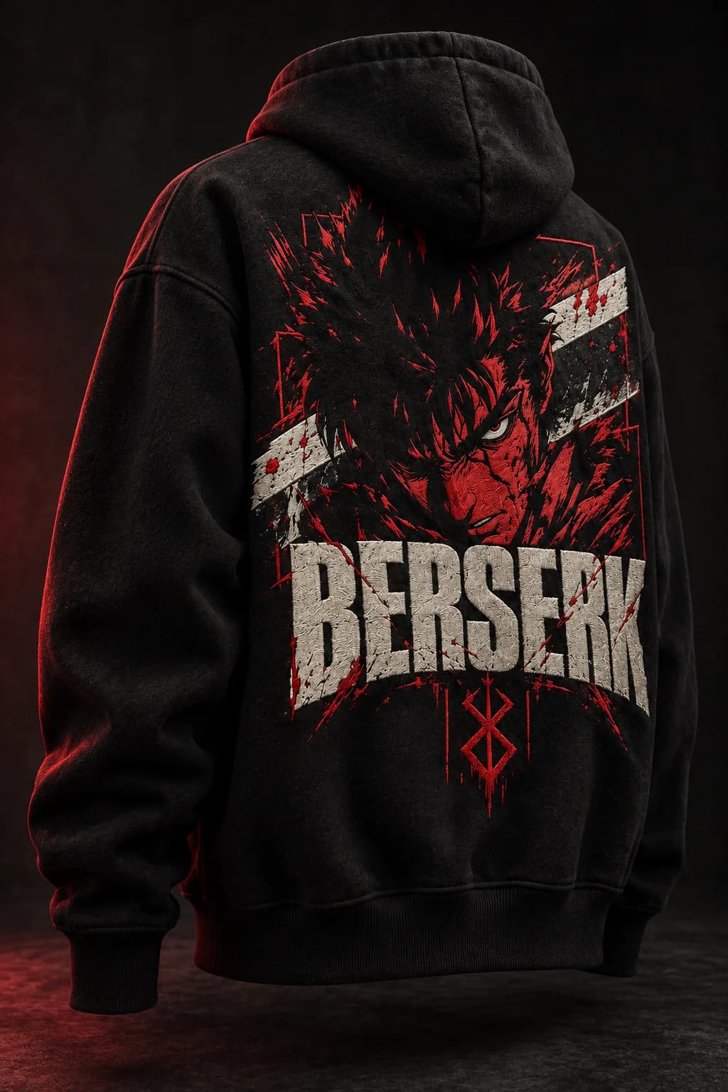 Three-quarter back view of the black Crimson Omen hoodie