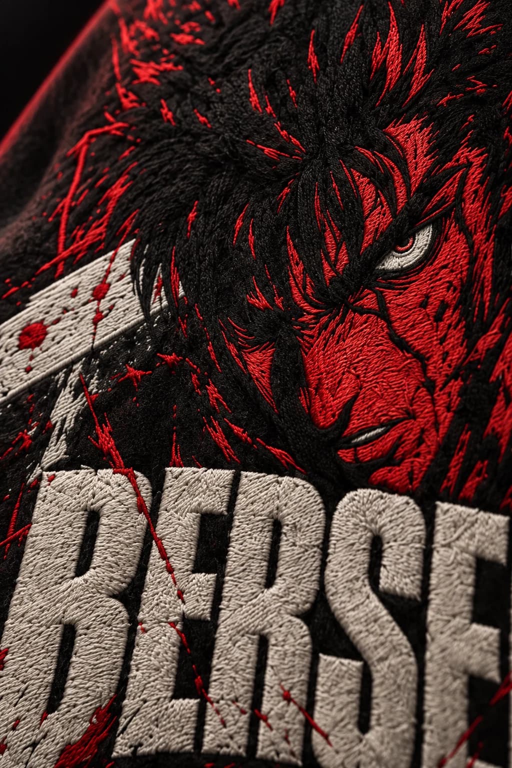 Close-up of the scarlet and bone-white embroidered thread detail