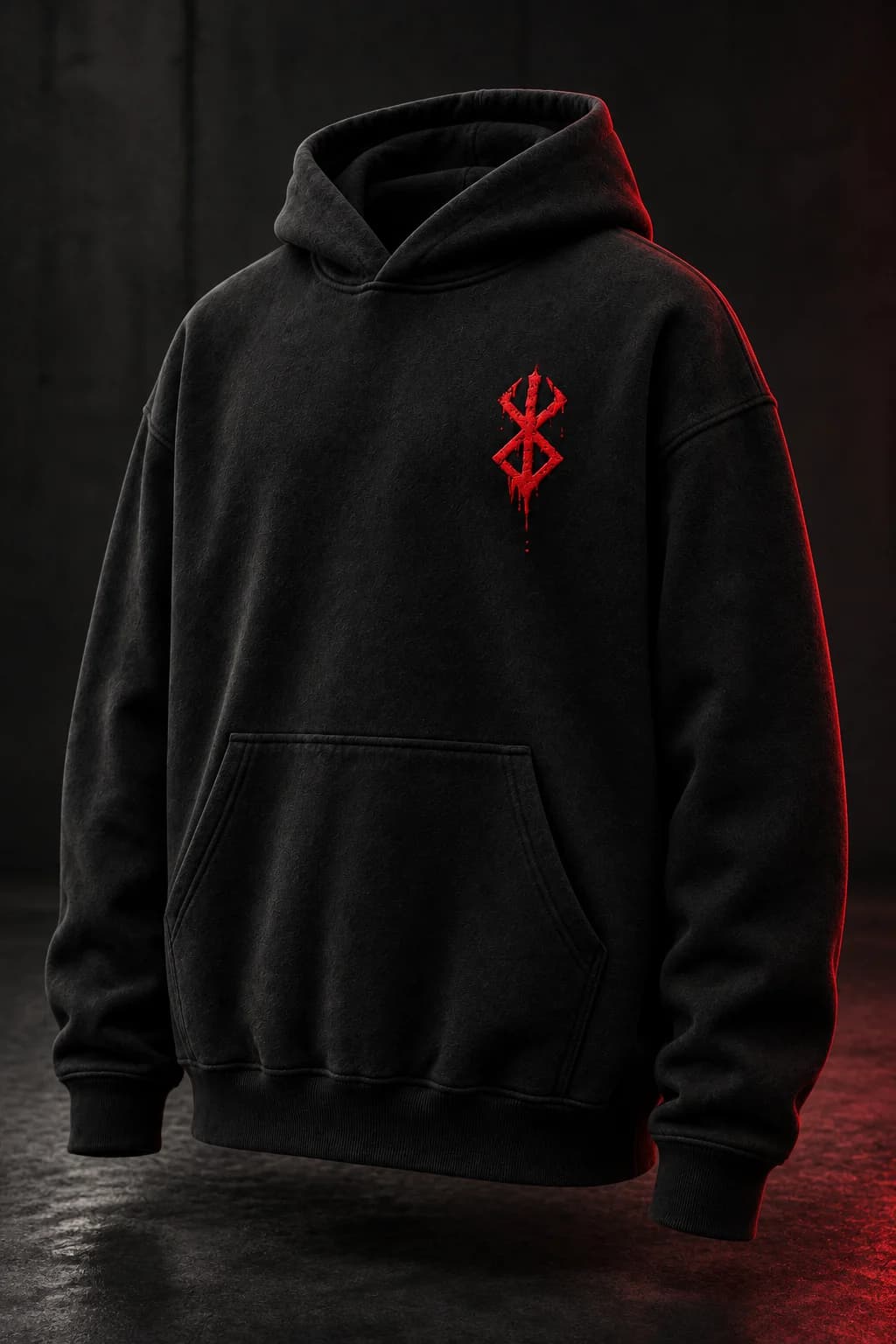 Three-quarter front view of the black Crimson Omen hoodie