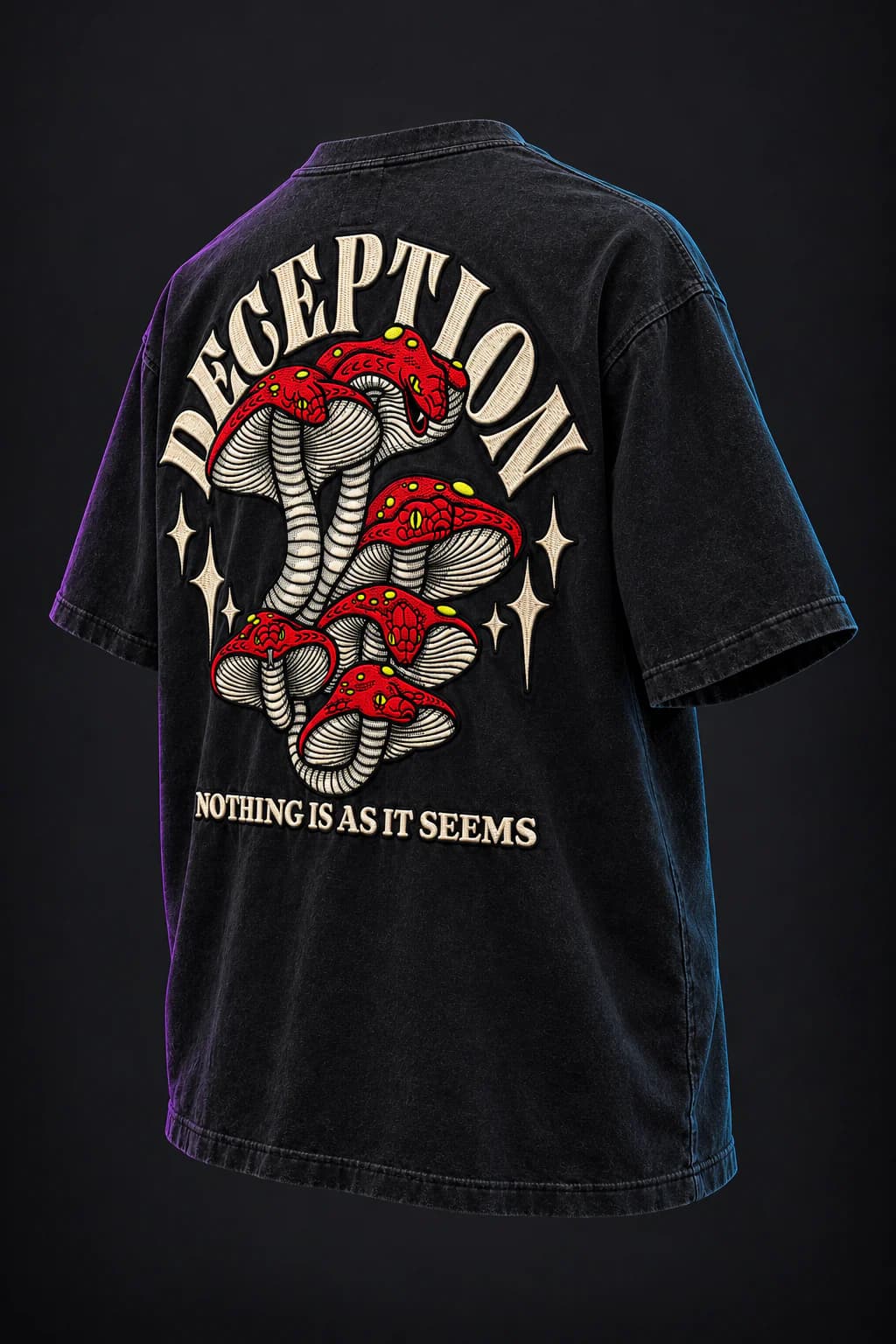 Three-quarter back view of the Ophidian Mirage tee and full embroidered composition
