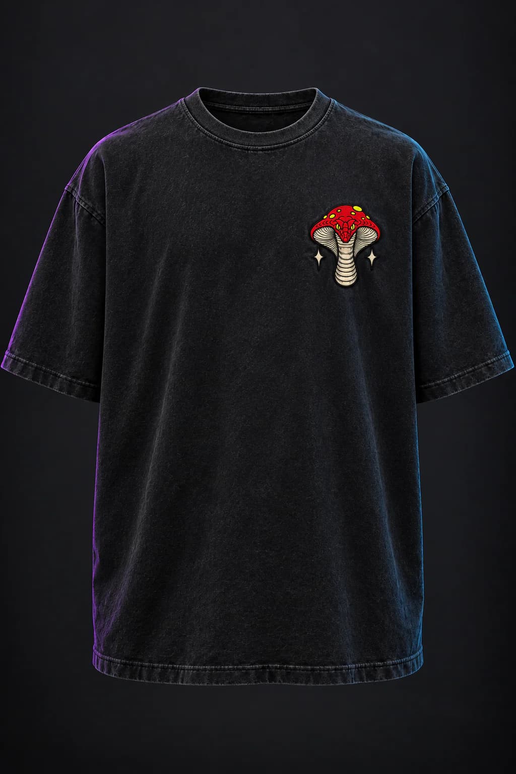 Front view of the washed-black Ophidian Mirage tee with a red mushroom cobra chest crest