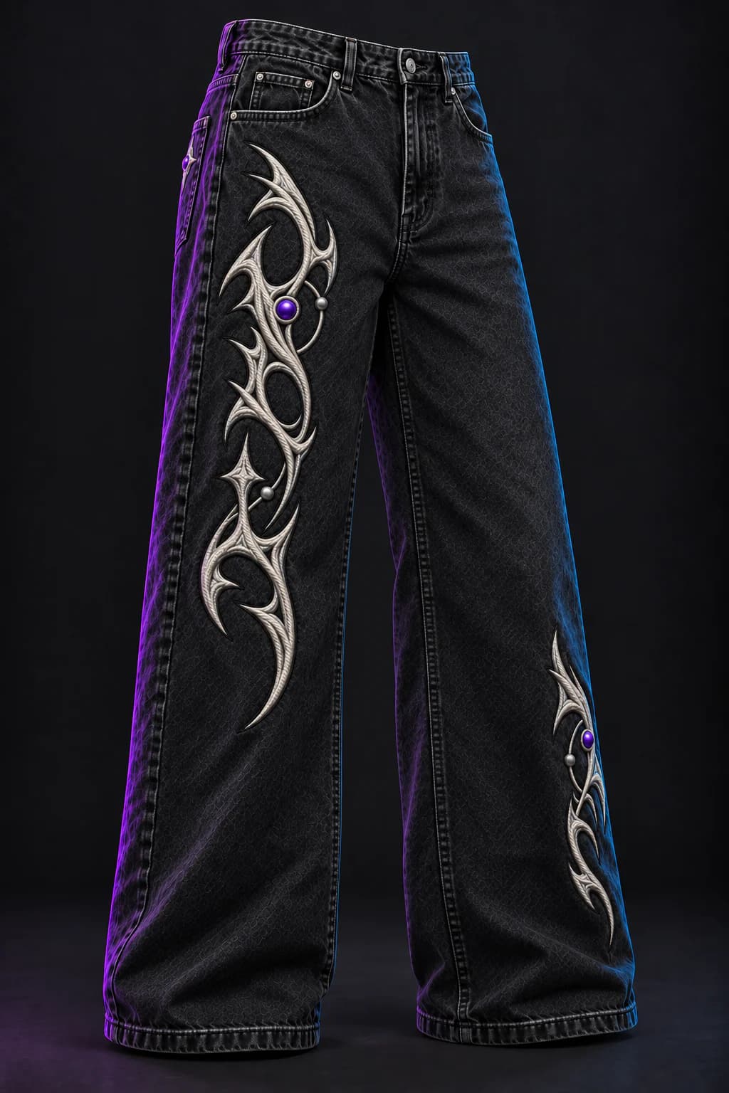Three-quarter front view of Nightwire jeans showing the outer-leg sigil placements