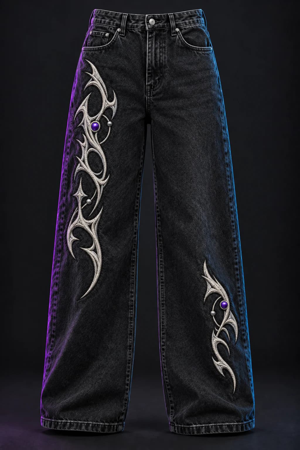 Front view of washed-black Nightwire wide-leg jeans with ice-silver thigh and calf embroidery