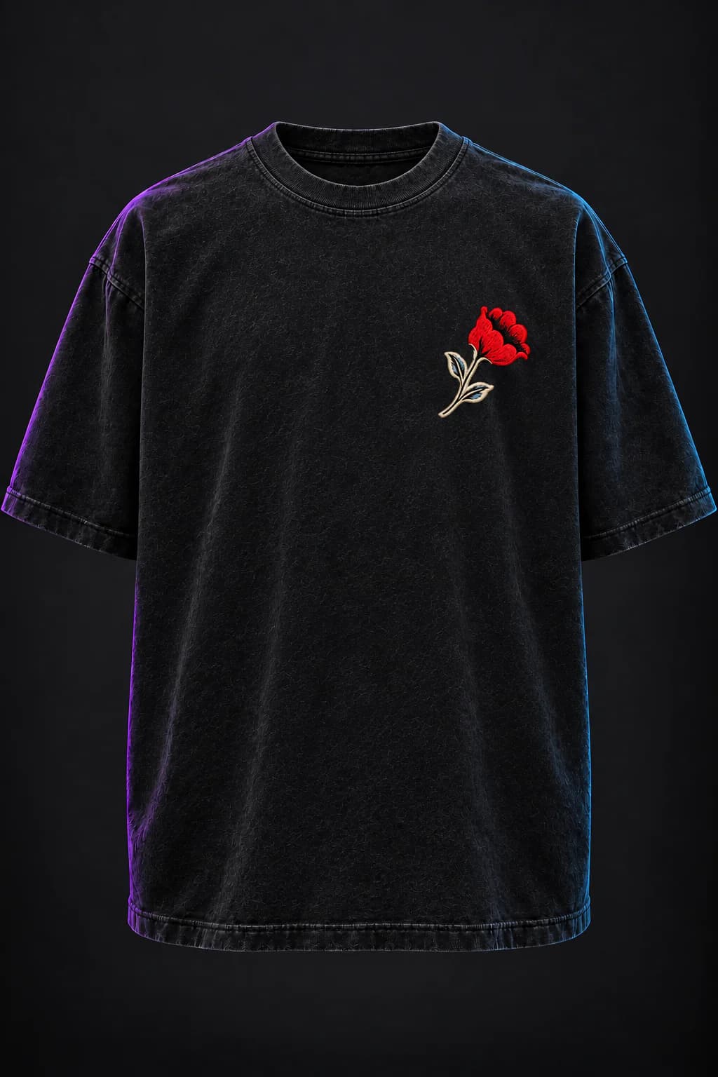Front view of the black Pyre Wraith tee with a small embroidered red rose