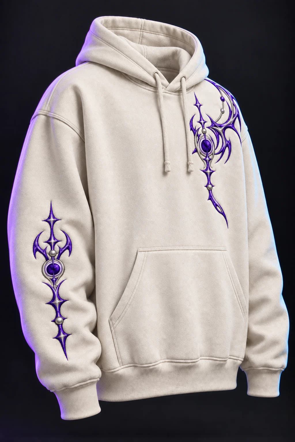 Three-quarter front view of the Spectral Halo hoodie showing the asymmetric embroidered placements