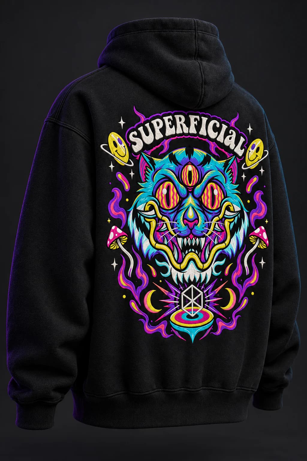 Three-quarter back view of the False Idol hoodie showing the dimensional embroidery