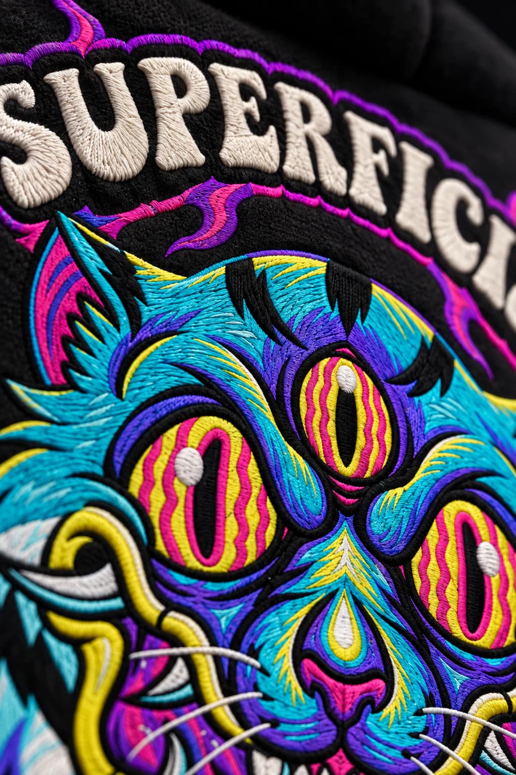 Macro detail of the False Idol hoodie embroidery and coloured satin threads