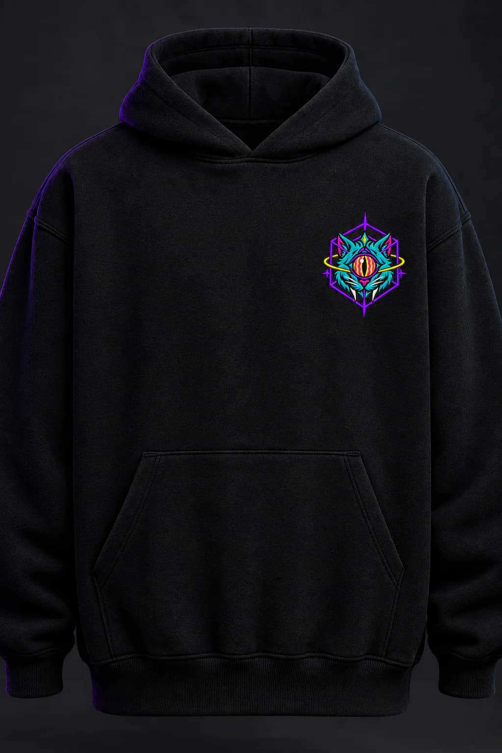 Front view of the black False Idol hoodie with a colourful embroidered third-eye cat crest