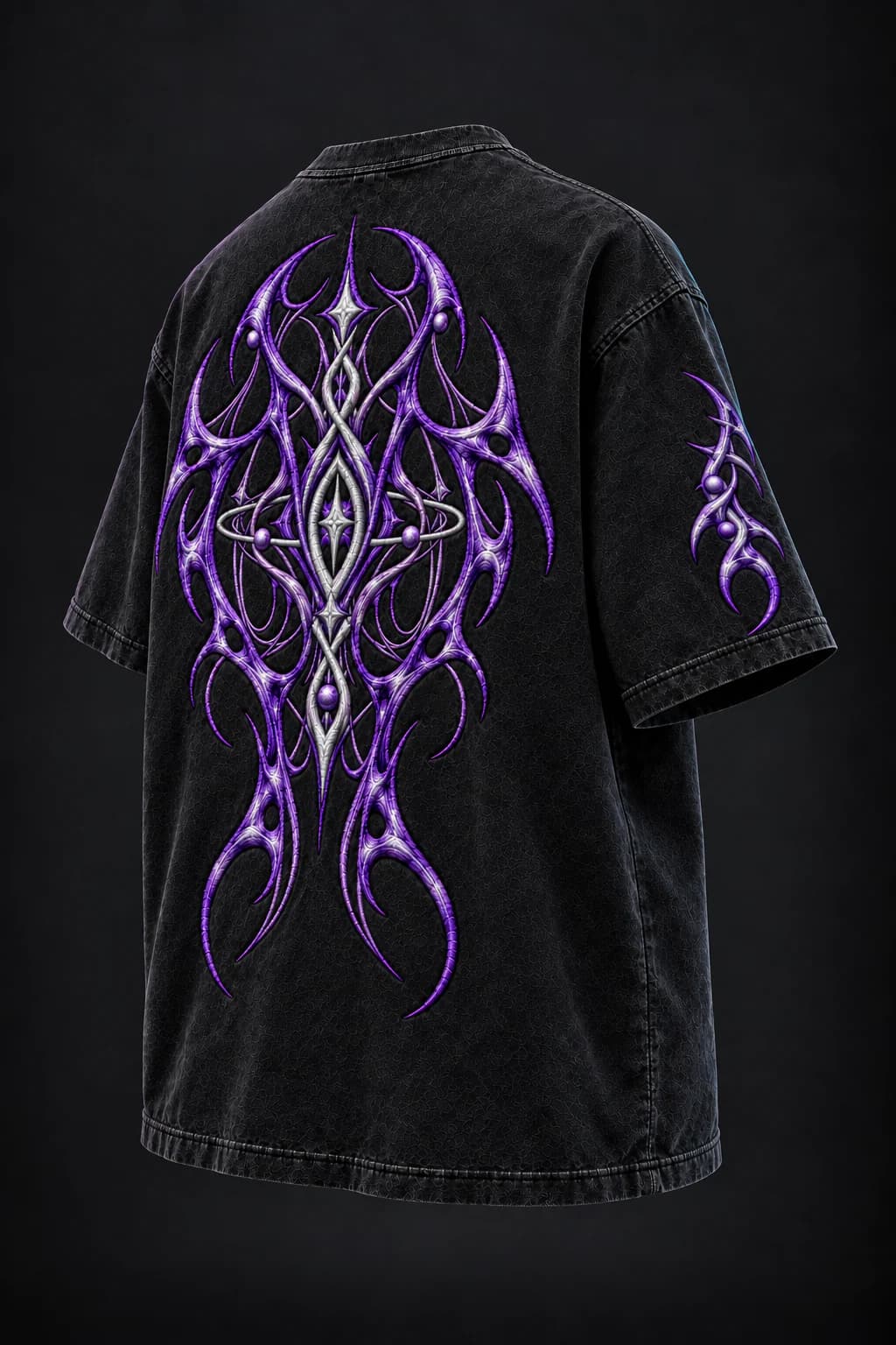 Three-quarter back view of the Void Orchid tee showing the embroidered sigil depth