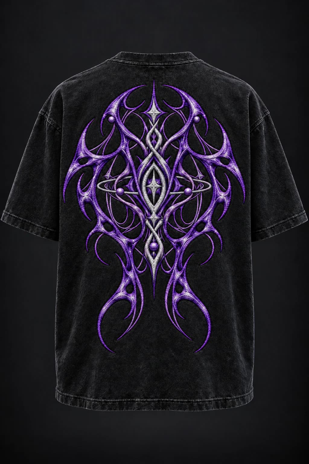 Back view of the washed-black Void Orchid tee with a large ultraviolet cybersigil embroidery