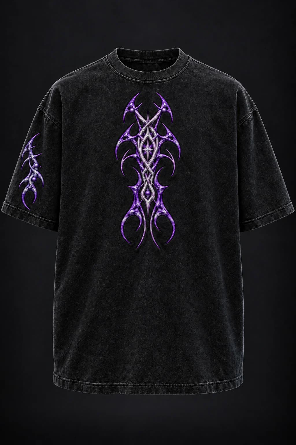 Front view of the washed-black Void Orchid tee with a restrained ultraviolet sternum and sleeve embroidery